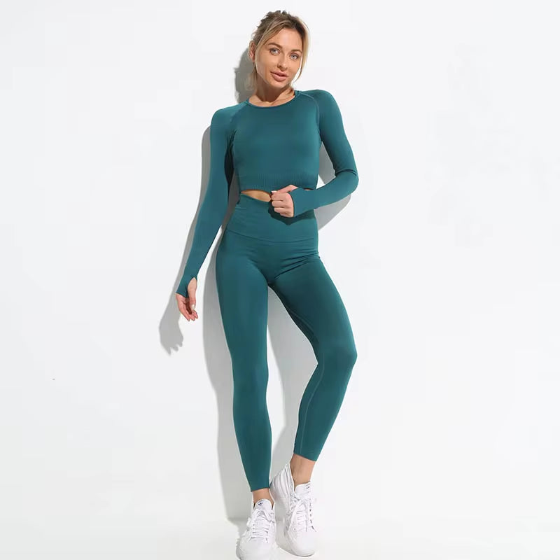 2Pcs Seamless Hyperflex Workout Sport Outfits for Women Sportswear Athletic Clothes Gym Long Sleeve Crop Top High Waist Leggings